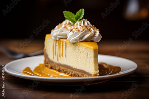 pumpkin cheesecake piece on a white plate on a wooden table 