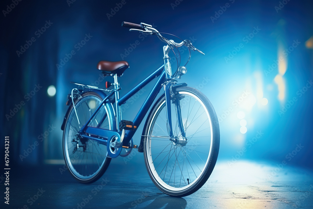 Blue bicycle on the evening city street. Generated by artificial intelligence