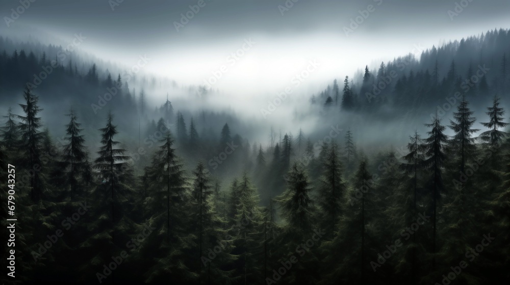 a forest filled with lots of trees covered in fog a forest filled with lots of trees covered in fog
