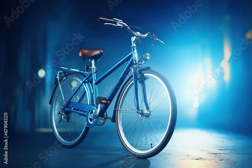 Blue bicycle on the evening city street. Generated by artificial intelligence