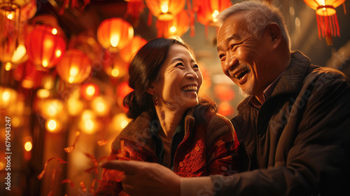 smiling Chinese old couple on lanterns background, lunar spring festival