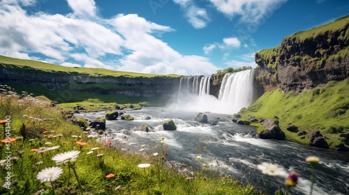Waterfall and river flows in the middle of grass field