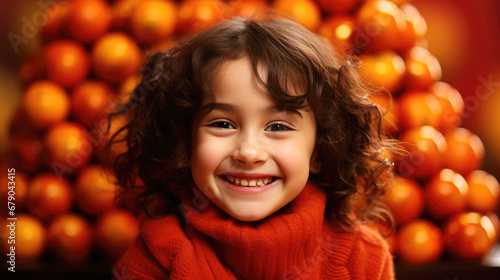 smiling girl on oranges background, lunar spring festival