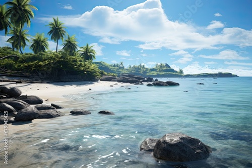 Kiribati beach with stones and palm trees. Mountains in the background. Generative AI Art. Beautiful view. © Sci-Fi Agent