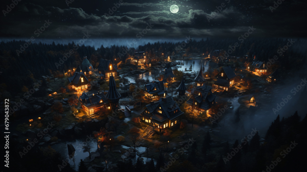 Fairy tale night halloween village landscape