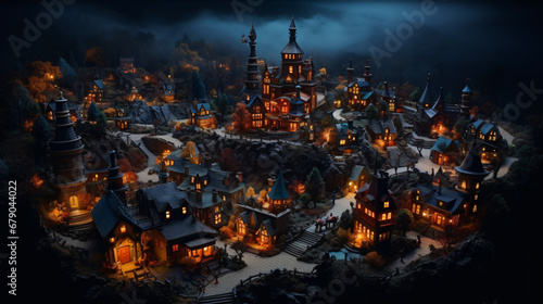 Fairy tale night halloween village landscape