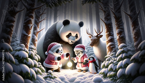 A group of cute friends gathered around a magically glowing Christmas ball with awe, in dark snowy forest,  illustration created using Ai generative tools. photo