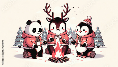 A group of cute friends gathered around fire with marshmallow on a stick,  illustration created using Ai generative tools.