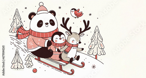 A group of cute friends sledding in snow, winter outdoors activity,  illustration created using Ai generative tools.