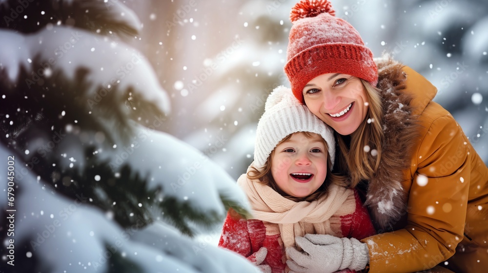 a woman and a child are smiling in the snow