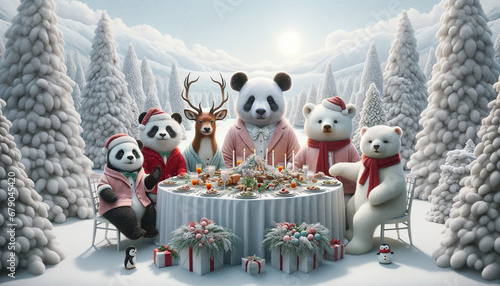 A group of cute animals gathered around at winter seasonal festive round dinner table in snowy forest, illustration created using Ai generative tools.