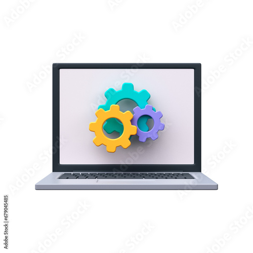 3D Laptop icon and gear. Laptop update process and system settings
