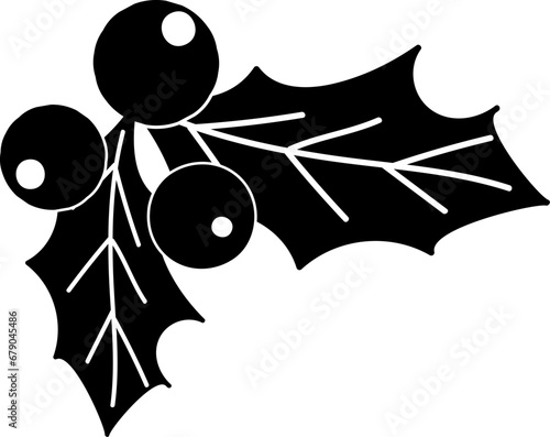 Doodle silhouette of holly berry with leaves, element of winter festival decoration. Holly berry, winter symbol. Simple black shape freehand vector icon isolated on white background