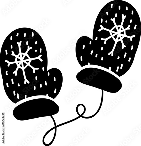 Doodle silhouette of knitted children mitten, element of winter festival decoration. Children mitten winter symbol. Simple black shape freehand vector icon isolated on white background