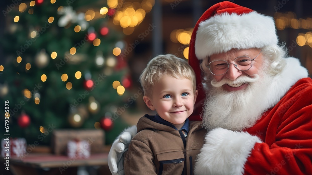 a little boy standing next to a santa clause