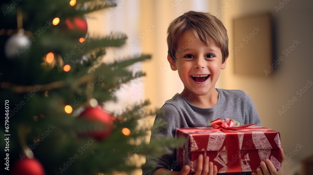 a young boy holding a present near a Christmas tree a young boy holding a present near a Christmas tree