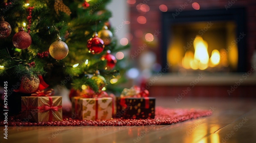 presents under a christmas tree with a fireplace in the background