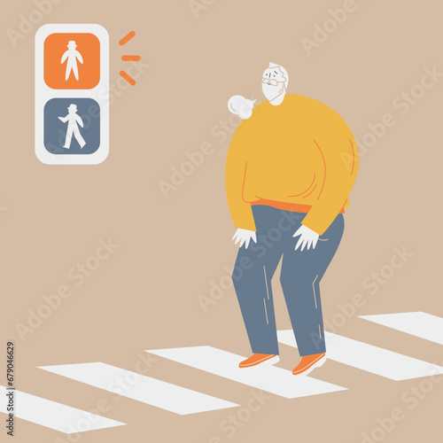An elderly man walks too slowly to cross the crosswalk.
