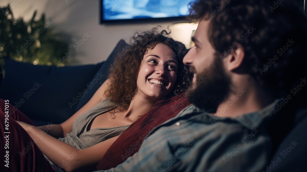 a man and a woman sitting on a couch watching tv