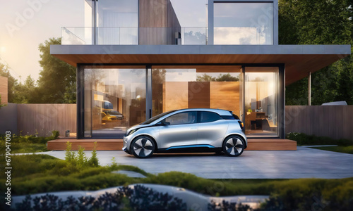 Electric futuristic car parked with charging station in a modern ecological eco house with solar green power panels, glass home technology. Renewable energy concept. future technologie. Generative ai © Maxim Chuev