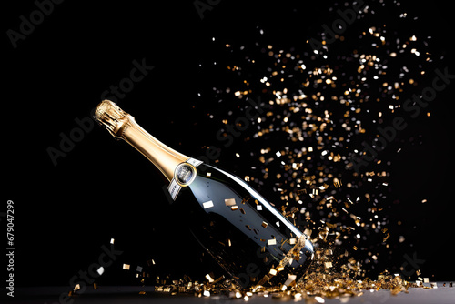 bottle of champagne with confetti on black background. Celebration and new year concept © Sattawat