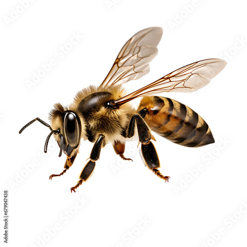 Honey bee flying isolated on transparent background. Animals macro photography 