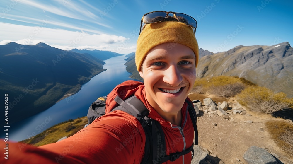 a woman taking a selfie while hiking a woman taking a selfie while hiking