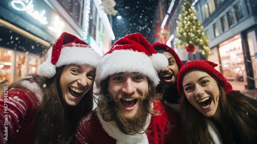 a group of young people in santa hats taking a selfie celebrating Christmas