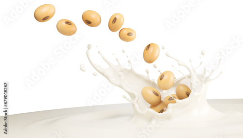 Soy milk pouring and Splash with Soy beans, 3d rendering.