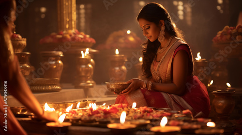 Indian woman decorating home for diwali celebration