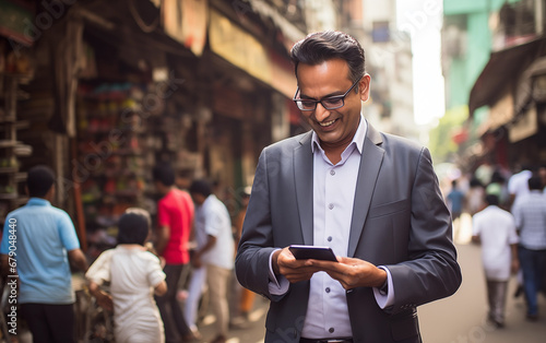 Indian businessman using mobile e-commerce app for stock market investment in Mumbai street