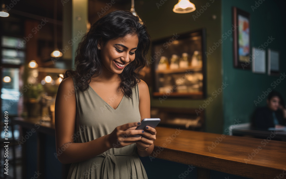 Indian Woman Using Smartphone for Coffee Shop Payment