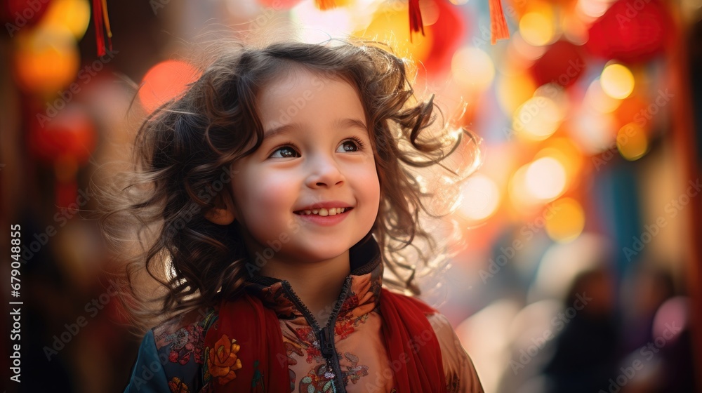 smiling Chinese litter girl with Chinese new year traditional clothing, lunar spring festival