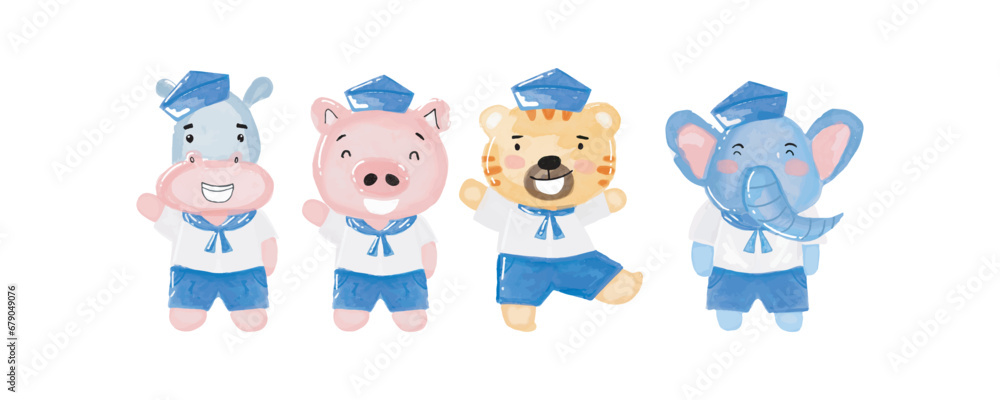 watercolor hand drawn illustration little hippo, elephant, pig, tiger sailor costume. Animal pirates.Captain. Childish illustration book watercolor hand drawn illustration little hippo, elephant, pig, tiger sailor costume. Animal pirates.Captain. Childish illustration book