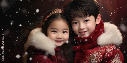 smiling Chinese kids with Chinese new year traditional clothing, lunar spring festival