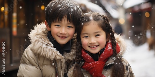 smiling Chinese kids with Chinese new year traditional clothing, lunar spring festival