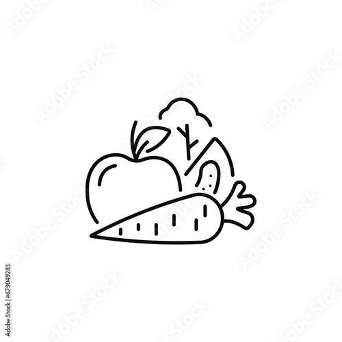 Vegetables line icon. Lettuce, carrot with tomato sign. Low calories food symbol.