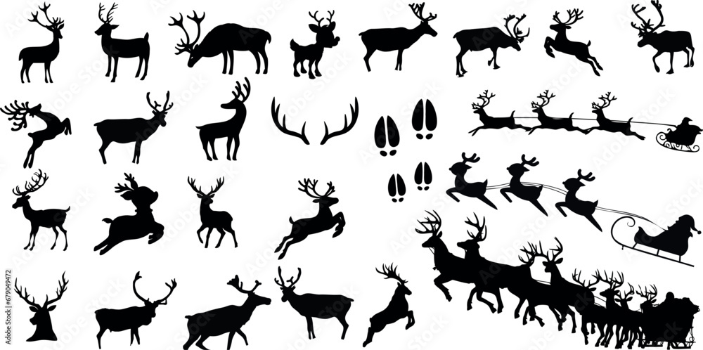 Reindeer silhouette vector illustration perfect for Christmas holiday season. Features  various poses of reindeer including standing, running, pulling sleigh. Ideal for winter, festive celebration etc