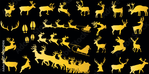 Reindeer vector illustration, gold silhouette on black background. Festive, holiday, Christmas, winter theme. Wildlife, nature, herd of reindeer in various poses and sizes