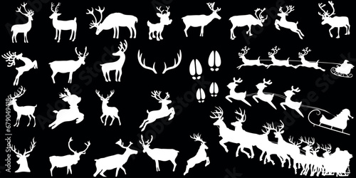 Reindeer vector illustration, bright silhouette on black background. Festive, holiday, Christmas, winter theme. Wildlife, nature, herd of reindeer in various poses and sizes