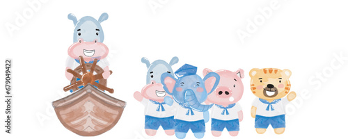 Fototapeta Naklejka Na Ścianę i Meble -  watercolor hand drawn illustration little hippo, elephant, pig, tiger sailor costume. Animal pirates.Captain. Childish illustration book