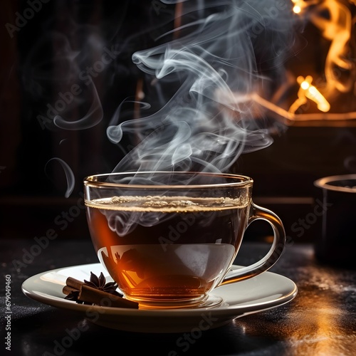 Steaming Tea Cup on a Cozy Fireplace Evening 