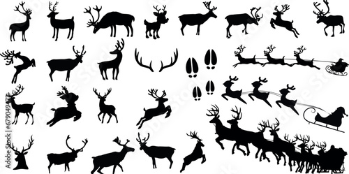 Reindeer silhouette vector illustration perfect for Christmas holiday season. Features various poses of reindeer including standing, running, pulling sleigh. Ideal for winter, festive celebration etc