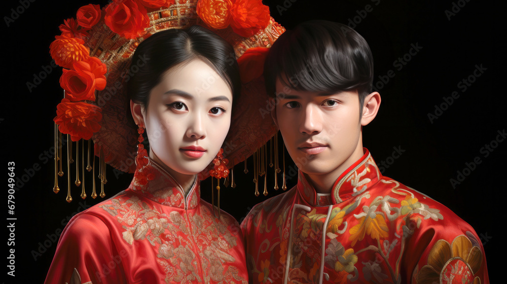 Couple with Chinese new year traditional clothing, lunar spring festival