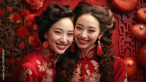 Smiling Chinese girls with Chinese new year traditional clothing, lunar spring festival