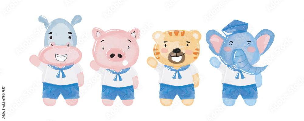 watercolor hand drawn illustration little hippo, elephant, pig, tiger sailor costume. Animal pirates.Captain. Childish illustration book watercolor hand drawn illustration little hippo, elephant, pig, tiger sailor costume. Animal pirates.Captain. Childish illustration book