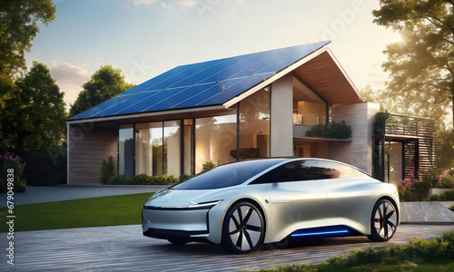 Electric futuristic car parked with charging station in a modern ecological eco house with solar green power panels, smart home technology. Renewable energy concept. future technologie. Generative ai photo