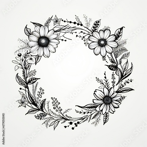 Engraving hand drawn black floral frame Generative AI