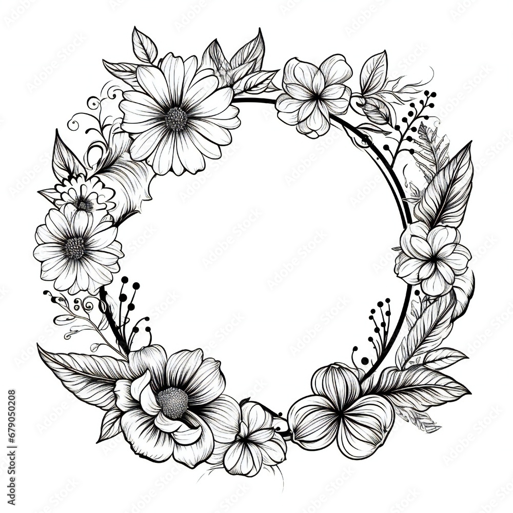 Engraving hand drawn black floral frame Generative AI