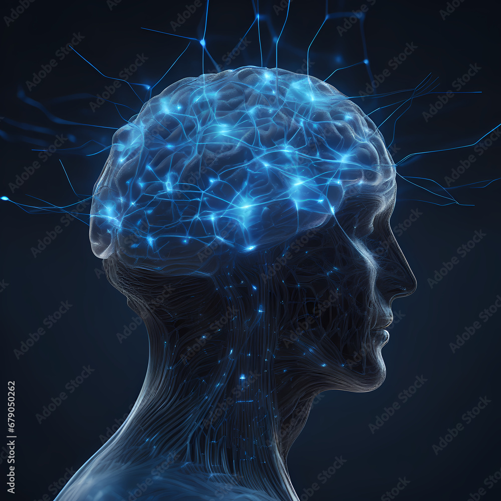 Obraz premium Futuristic AI Brain: Luminous Blue Neural Connections and Glowing Dots